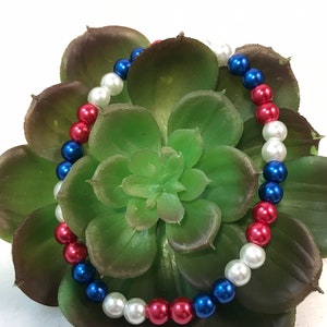 May include: A red, white, and blue beaded bracelet with a patriotic theme. The bracelet is made of small, round beads and is displayed on a green succulent plant.