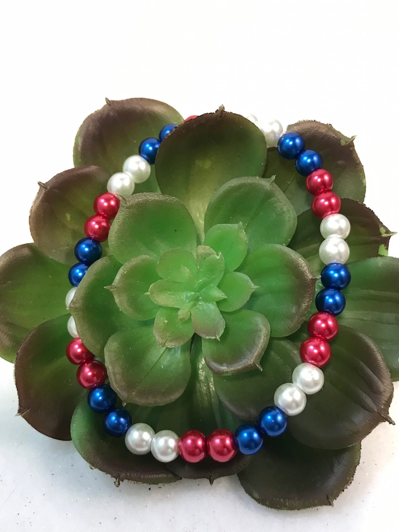May include: A red, white, and blue beaded bracelet with a patriotic theme. The bracelet is made of small, round beads and is displayed on a green succulent plant.