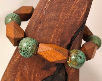 Green Ceramic & Chunky Wooden Beaded Stretch Aesthetic Bracelet, Rustic Wood Jewelry, Earth Fall Bracelets, Gift for Him American Made USA