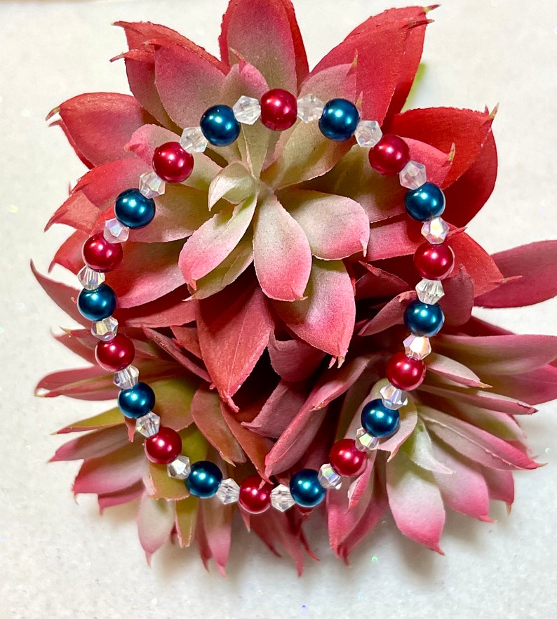May include: A bracelet with red, blue, and clear beads. The bracelet has glossy, round beads in red and blue, with clear, faceted beads in between. The bracelet is displayed on a dark red succulent plant.