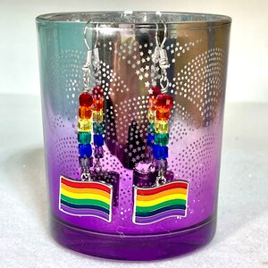 May include: A pair of rainbow pride flag earrings with silver hooks and rainbow crystal beads. The earrings feature a rainbow flag charm.