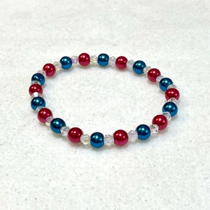 Patriotic Aesthetic Red White Blue Clear Glass Bracelet, Beaded Stacking Stretch Bracelets, Gift for Her, Made in USA, Stack Stacked Jewelry image 1