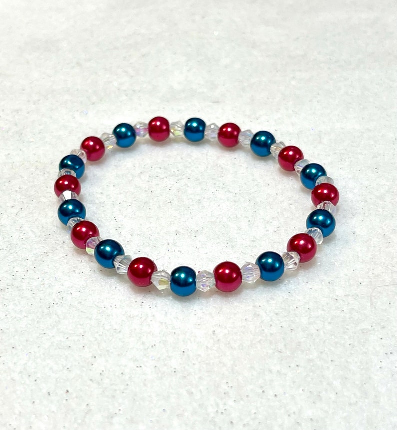 Patriotic Aesthetic Red White Blue Clear Glass Bracelet, Beaded Stacking Stretch Bracelets, Gift for Her, Made in USA, Stack Stacked Jewelry image 1