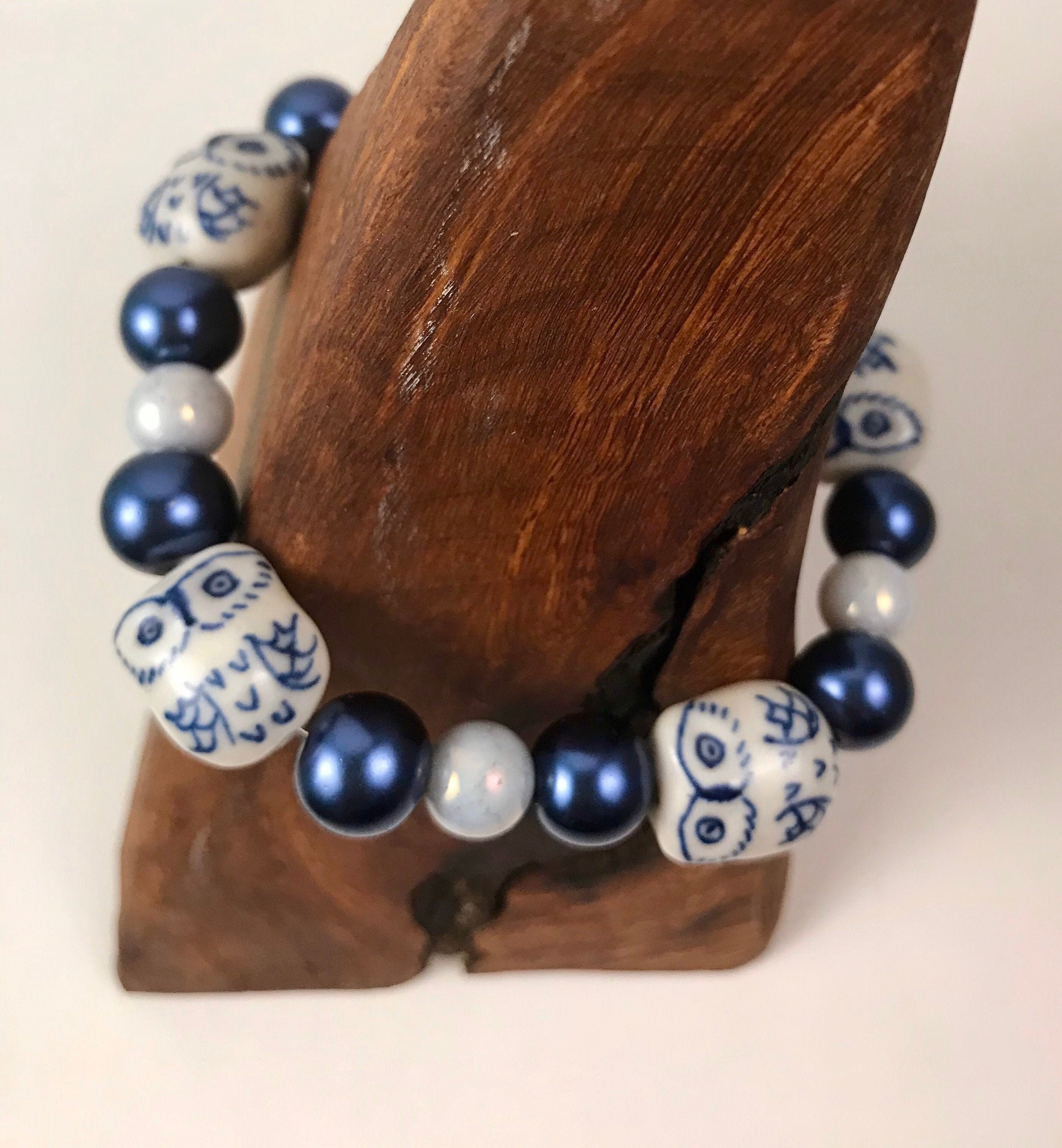 Blue Owl Bird Bracelet Ceramic & Pearl. American made in the USA