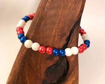 Patriotic Red White & Blue, 4th of July, Beaded Stretch Stacking Aesthetic Bracelet, Jewelry American Made in USA, Stack Stacked Bracelets