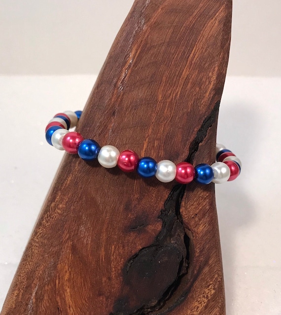 Patriotic Aesthetic Red White & Blue Bracelet, Beaded Stacking Stretch Bracelets, Gift for Her, Made in USA, Stack/Stacked Jewelry