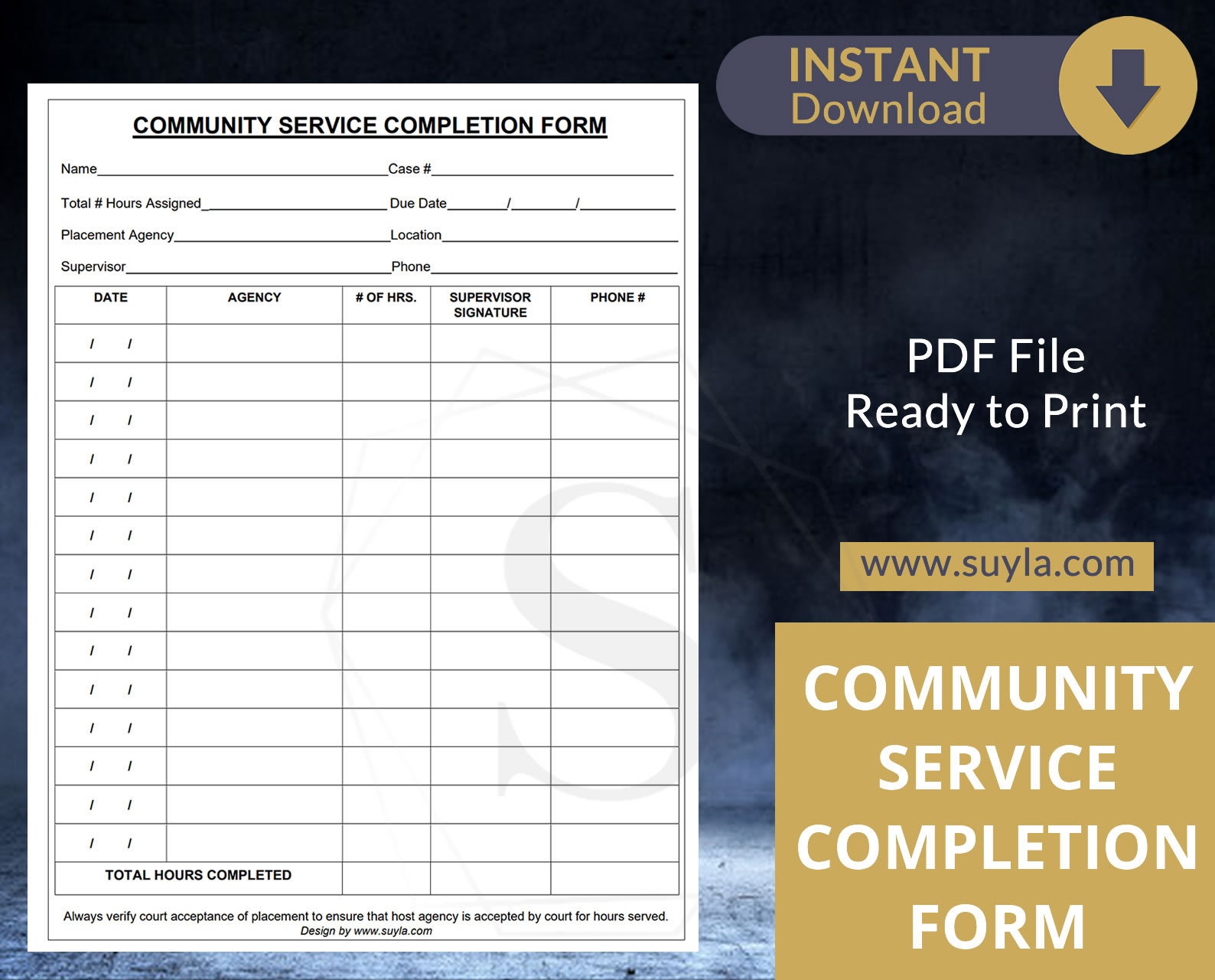 Community Service Completion Form PDF File Digital Delivery Community