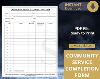 Community Service Completion Form - PDF File - Digital Delivery - Community Service Form