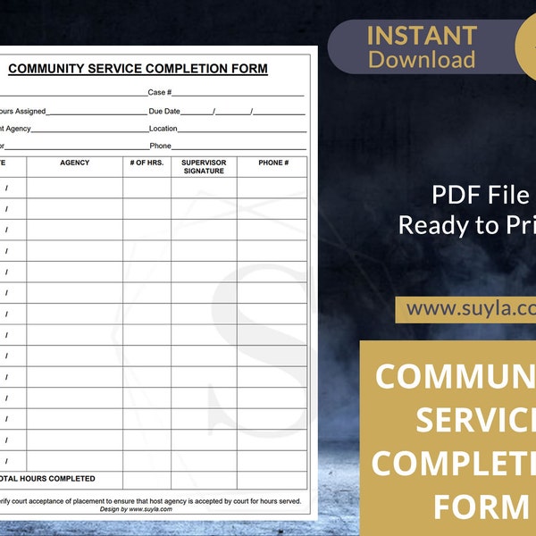 Community Service Completion Form - PDF File - Digital Delivery - Community Service Form