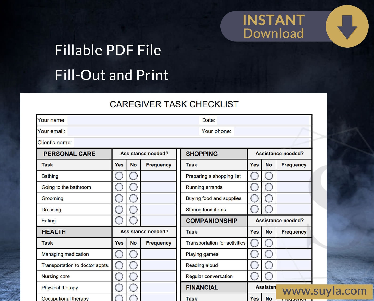 Caregiver Task Checklist - Fillable PDF Form - Letter Size - Etsy