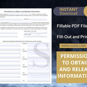 Permission to Obtain and Release Information for Coaches / Therapists Fully Fillable PDF Form Letter Size image 1