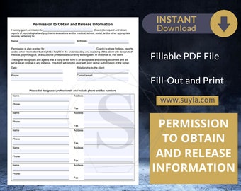 Permission to Obtain and Release Information for Coaches / Therapists - Fully Fillable PDF Form - Letter Size