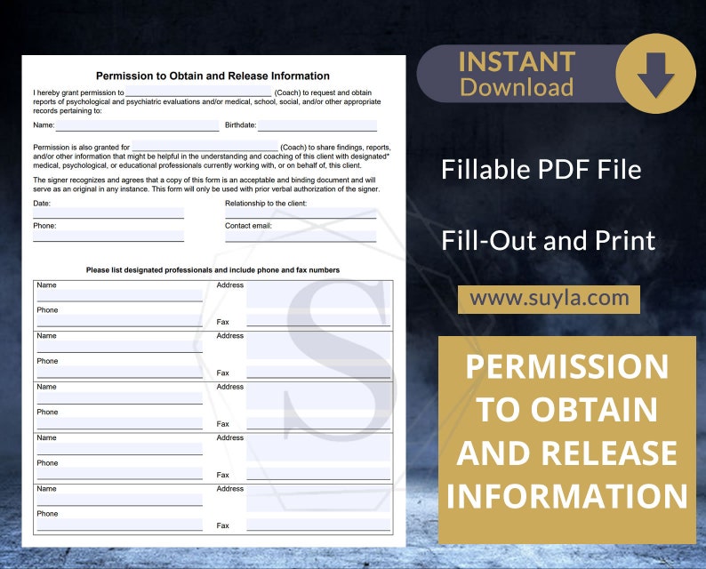 Permission to Obtain and Release Information for Coaches / Therapists Fully Fillable PDF Form Letter Size image 1