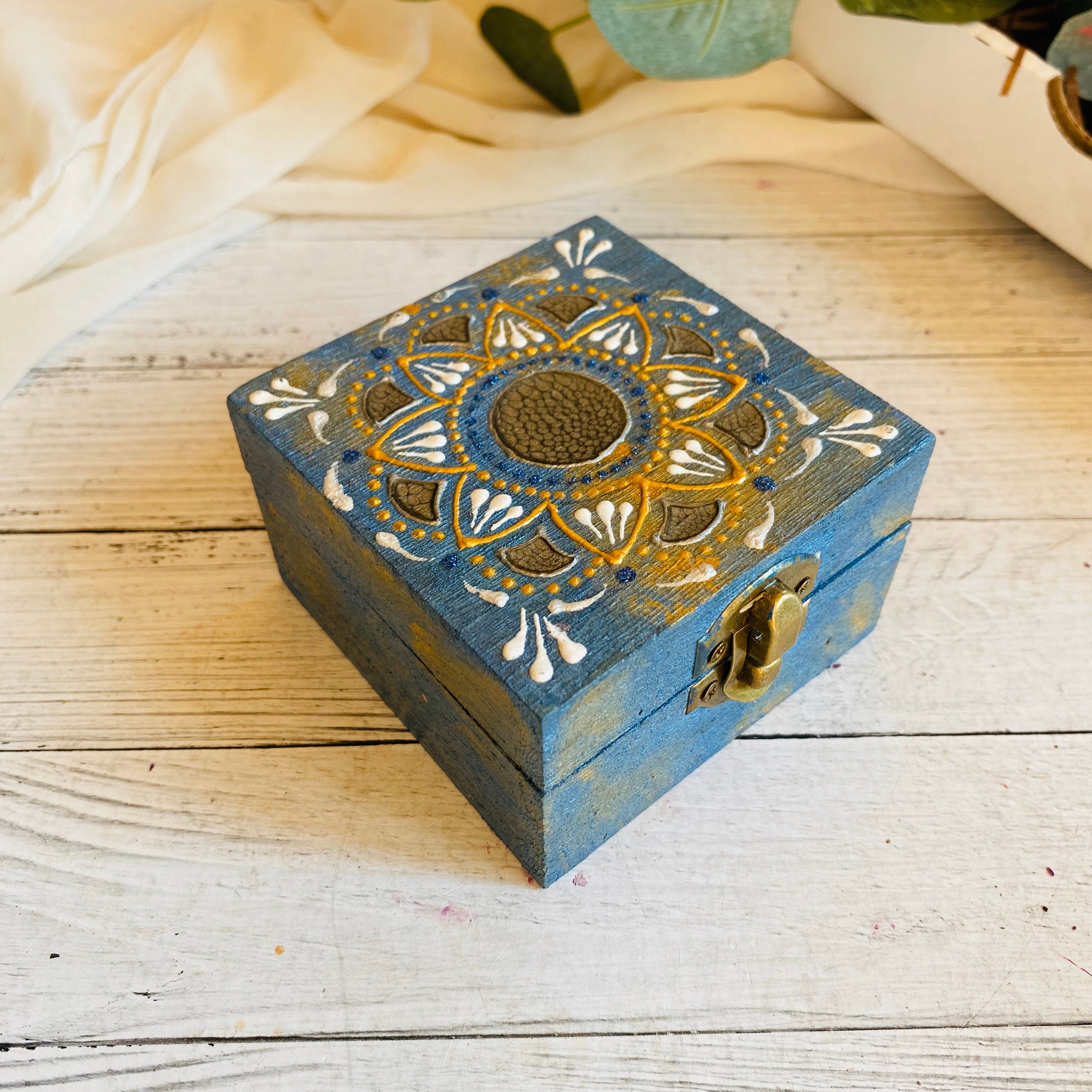 Ornament Jewelry Box Original Art Blue Gold Jewelry Case Etsy