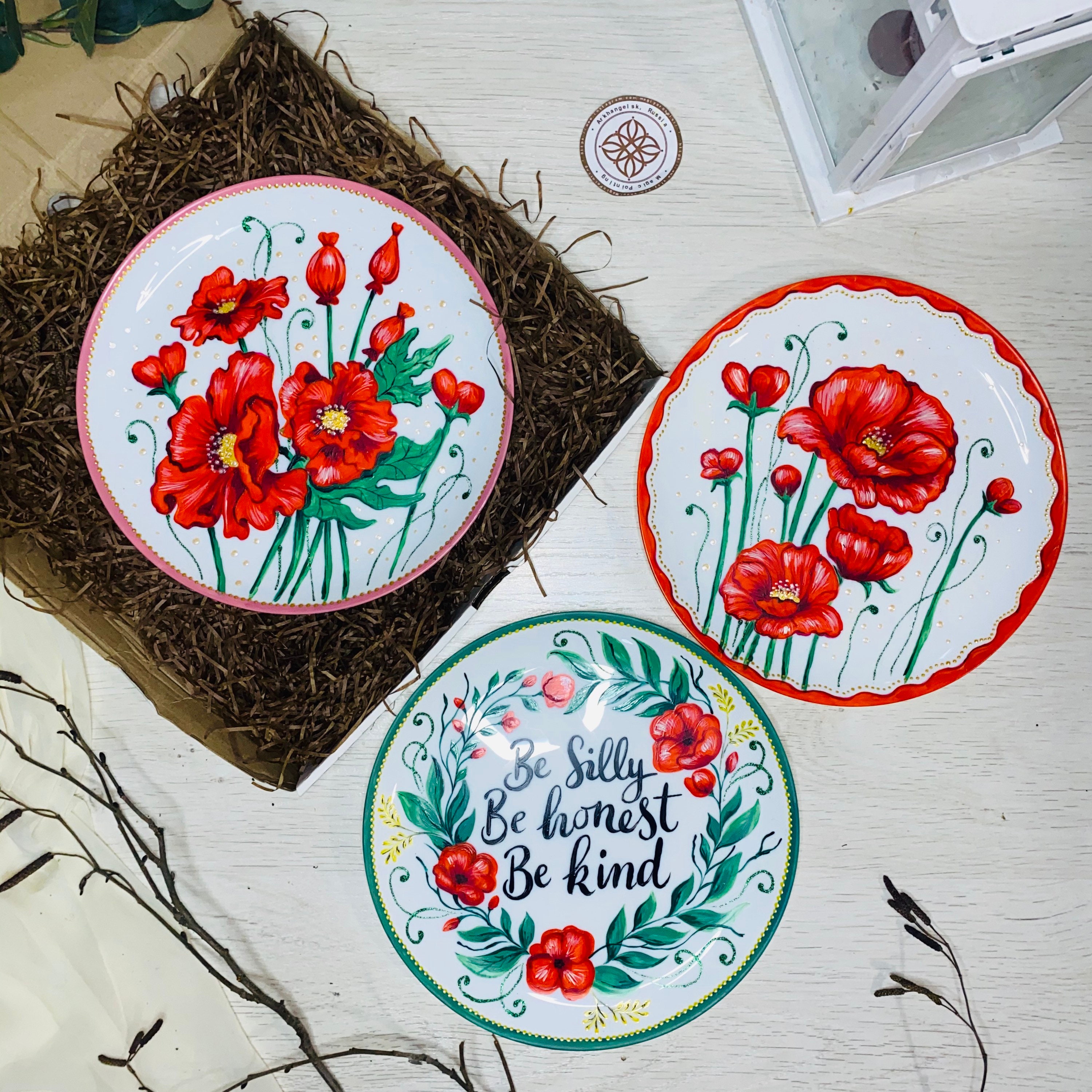 Flower Artwork Ceramic Plates Set Red Poppy Painting Wall ...