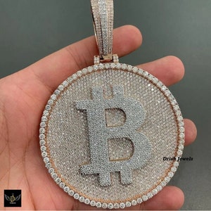 Pass Diamond Tester VVS Moissanite, Bitcoin Silver Pendant, Customized Crypto Currency Pendant, Dollar Sign Pendant, Iced Diamonds, Quality