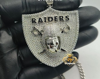Las Vegas Oakland Raiders 3D Medallion Football Team, Skull Sea Pirate Sword Pendant, Solid 925 Silver with VVS1 Moissanite Test Passer