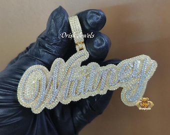 Custom Name &quot;Whitney&quot; Pendant Iced Diamonds, CZ/VVS1 Moissanite Test Passer, 2 Inches (12mm Bail), Custom Any Letter/Name/Number, Gifted