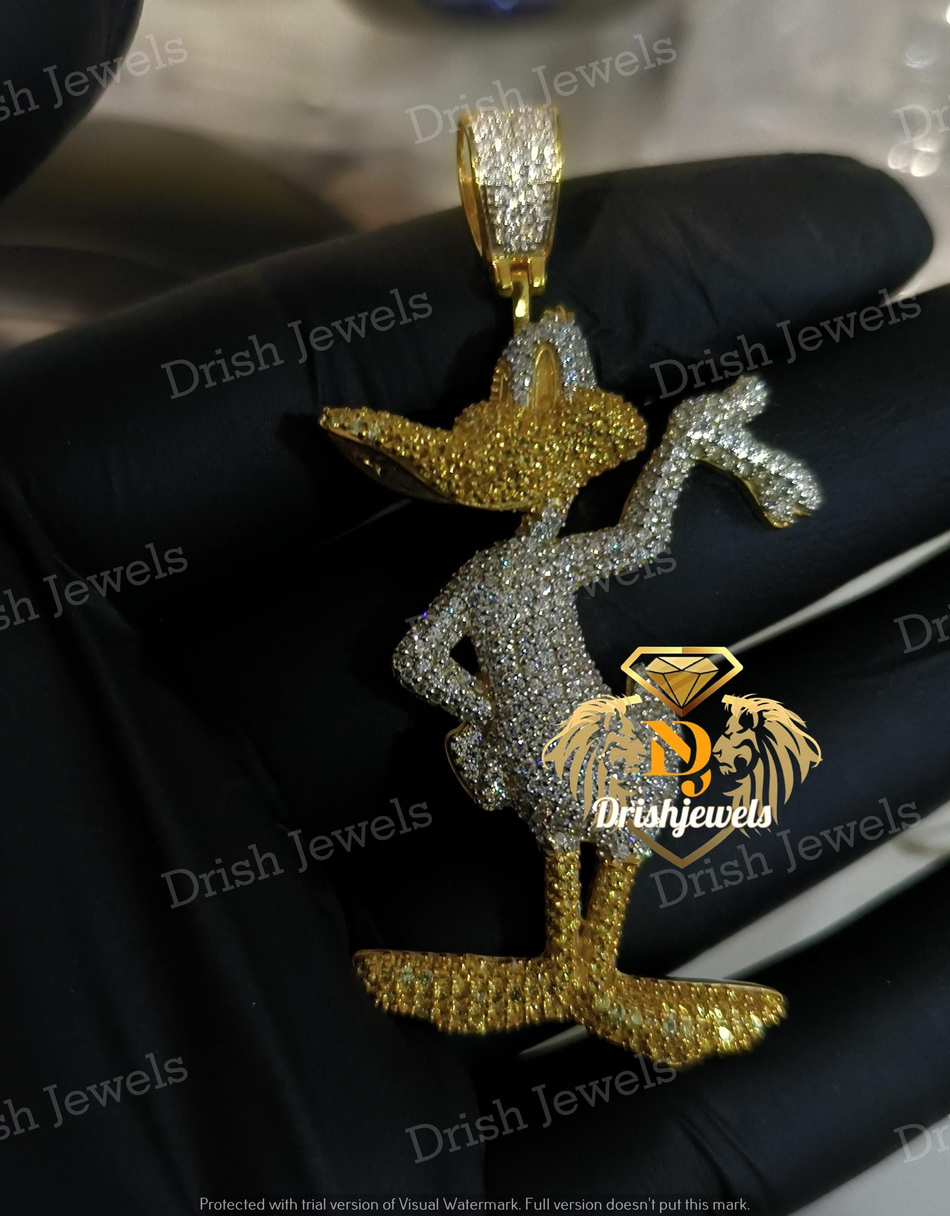 8Ctw Round Cartoon Pendant 14K Yellow Gold Plated, Cartoon Duck Character Pendant, Men's Charm Pendant, 925 Sterling Silver, Gift