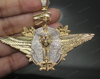 Flying Egyptian Pharaoh Mummy Eye of Ra Ankh Cross MOISSANITE Pendant 14K Yellow Gold Plated in 925 Silver, Ancient Egyptian Unisex Pendant
