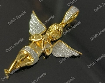 10Kt Gold Praying Angel Pendant, Moissanite Charm