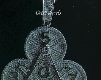 Masonic Freemason G Compass Clovers Clubs Pendant Charm in 925 Sterling Silver with VVS1 Moissanite Test Passer, Symbolizes Luck and Unity