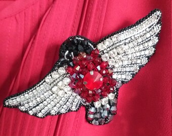 Spilla Pettirosso Robin grande uccello con perline e strass fatta a mano, spilla uccello ricamato a mano da sera cerimonia rosso-nero.