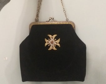 Borsa nera velluto Croce ricamo perline, borsa Сroce Maltese fatta a mano, chiusura metallo bacio, borsa tracolla da sera/giorno , party bag