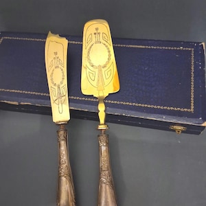 Set posate Torta Dessert 2 pezzi: Paletta e Coltello. Oro/manico argentato, vintage 70s antico Italy, scatola originale, silver plated.