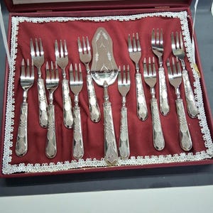 Set Torta posate Argento 800 placcato Silver Plated, x 12 persone, Vintage 70', 12 forchette e 1 paletta Torta, new, 13 pezzi.