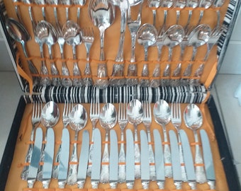 Set posate 12 persone placcato Argento 800 Versilbert, komplett, Vintage 70er Italien, 51 pezzi, stile Barocco, metallo argentato marca.