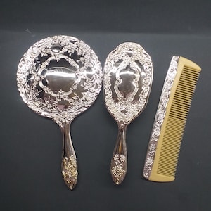 Set pettine, specchio e spazzola capelli, toiletta vanity, argento placcato, vintage Italy, donna lux gift, 3 pezzi, silver plated nuovo!