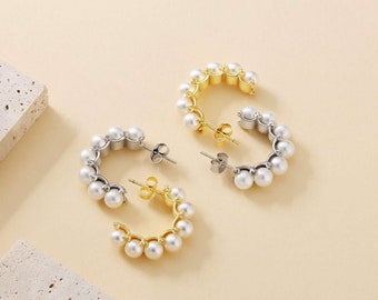 Pearl Hoop Earrings Huggie 14K Hoop Cubic Zirconia Silver Gold Pearls Womans Bridal Wife Wedding Daughter Mothers Gift Idea Earings Ideas