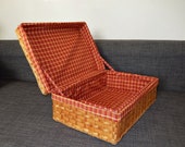 Box Vintage bamboo wicker case with tartan fabric interior - artisan basketry