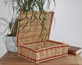 Vintage natural wicker case with red wicker edgy - boho decoration - 1970s artisan basket
