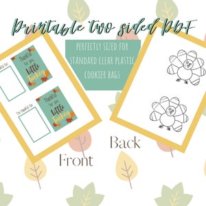 Op de afbeelding: Printbare Thanksgiving-bedankkaartjes met een kalkoendesign. De voorkant van het kaartje heeft een ruimte om "Ik ben dankbaar voor:" te schrijven en de achterkant heeft een kalkoen om in te kleuren. De kaartjes zijn perfect formaat voor standaard doorzichtige plastic koekjeszakjes.
