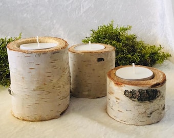 Set of 3 birch candle holders  Wood candle holder
