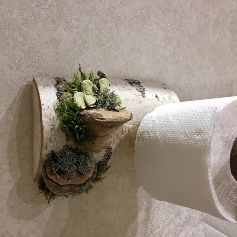 Toilet paper holder Wooden mushroom Lichen moss