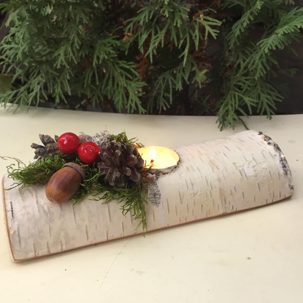 Birch logs candle holder Yule candle Fireplace mantel decor