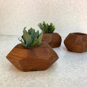Puede incluir: Tres macetas geométricas de madera con un diseño facetado. Las macetas son de madera marrón oscura y están llenas de plantas verdes.