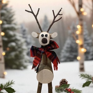 Handmade Wooden Reindeer Rustic Log Decor Eco-Friendly Natural Wood Scandinavian Style Christmas or Cabin Decor