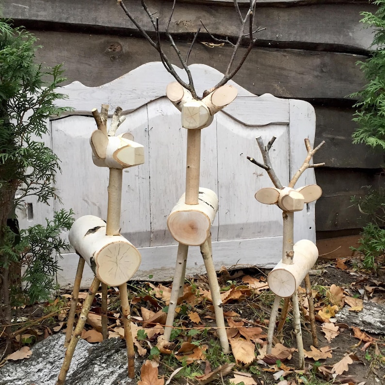 SET 3 BIG Wooden Log Reindeer Family Birch Tree Reindeer Etsy