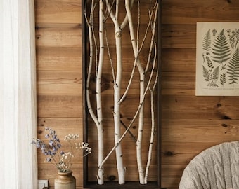 White Birch Vertical Wall Sculpture, Handmade Wood Branch Art, Cabin Wall Decor