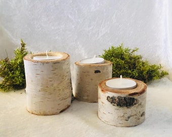 SET 3 Birch candle holder Log candle holder White Birch Wood Candle Holders  Birch candles