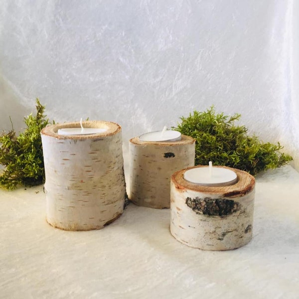 SET 3 Birch candle holder Log candle holder White Birch Wood Candle Holders  Birch candles