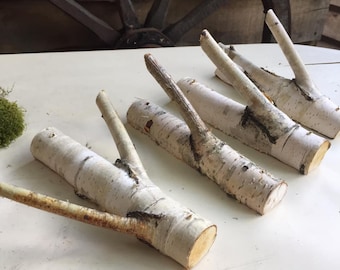 Birch Wood Coat Hooks Set - Rustic Tree Branch Towel Hangers