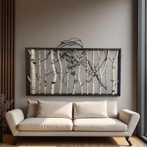 Art mural forêt de bouleaux blancs Décoration de chambre à coucher Cottagecore Champignons bouleau Tête de lit en bois