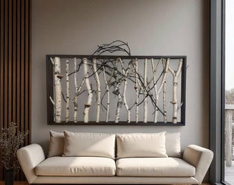 White birch forest wall art  Cottagecore bedroom decor Birch mushroom  Wood headboard