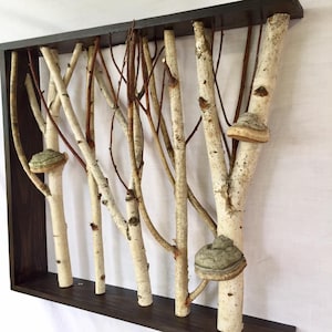 Art mural forêt de bouleaux blancs, étagère champignon, décoration Cottagecore, chambre à coucher, étagère live edge