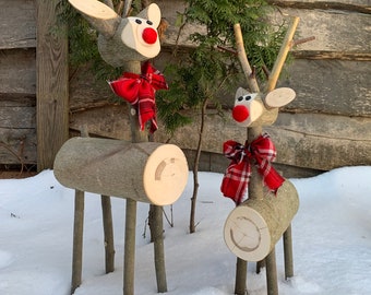 Set2 BIG Handmade Log Reindeer  Rustic Holiday Centerpiece Log deer